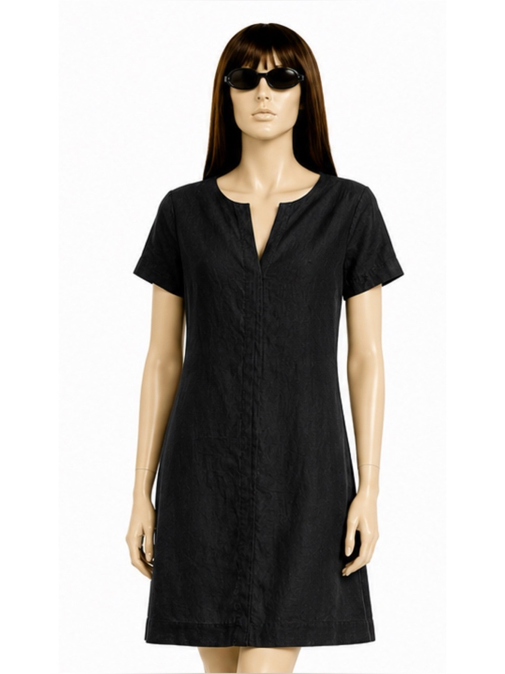 Theory Black Linen Blend Short Sleeve Shift Dress V-Neck Size S